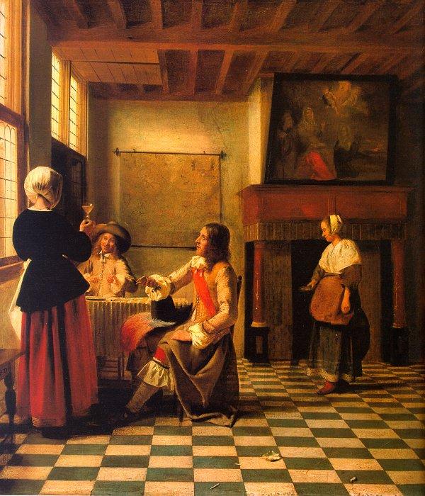 Pieter de Hooch Woman Drinking with Two Men and a Maidservant oil painting picture